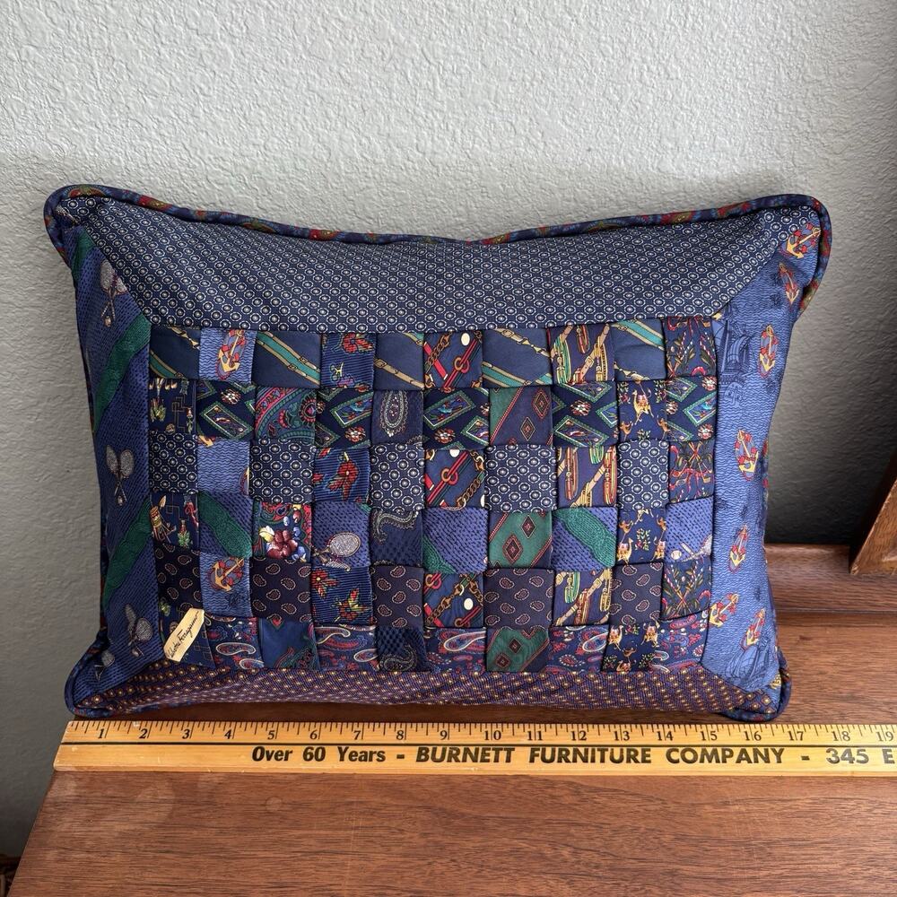 Blue Pillow 18x10 Handmade Reclaimed Necktie Upcycle Men Silk Ties